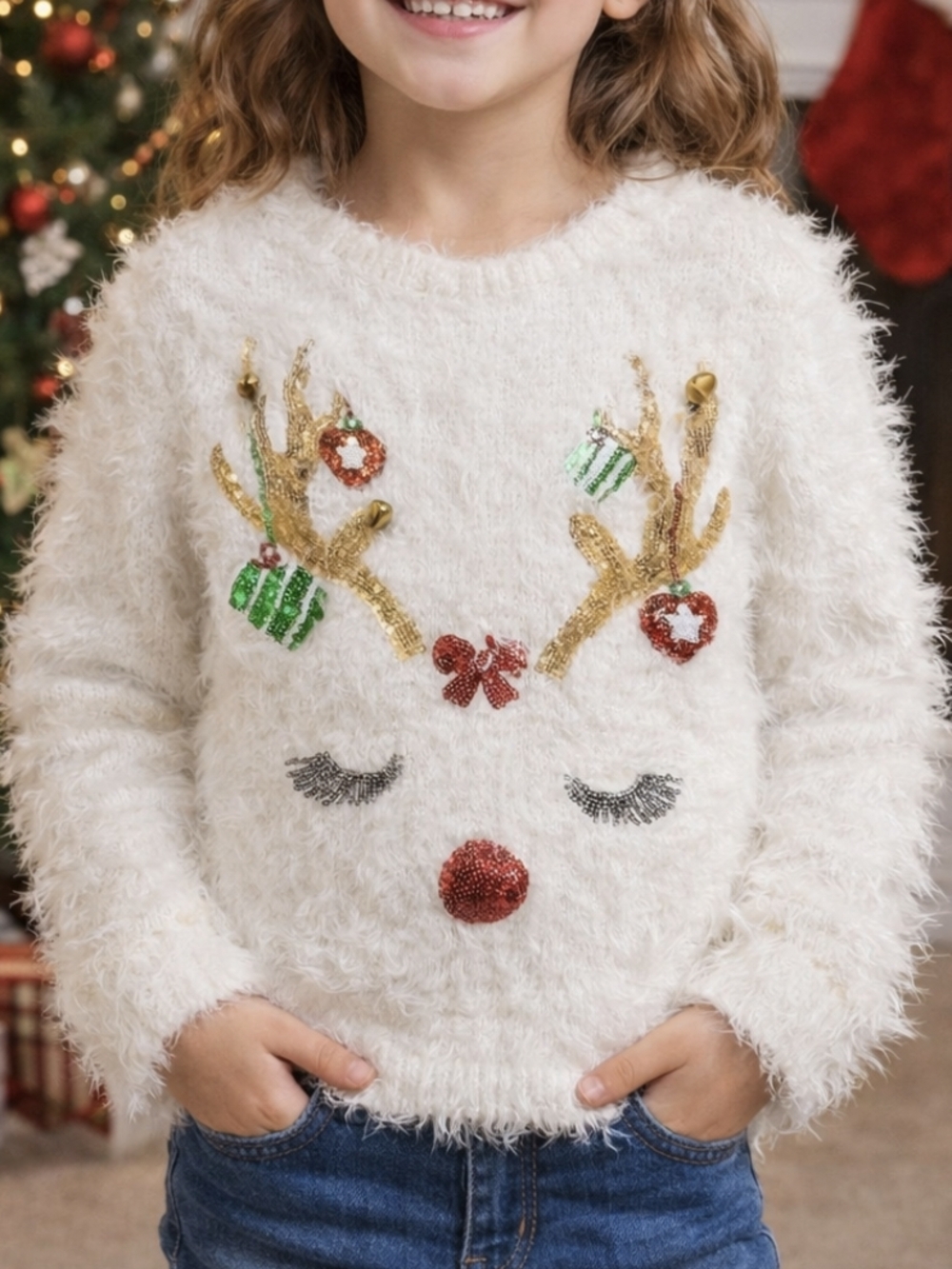 White Fuzzy Reindeer Christmas Sweater S Sequins Bells Rudolph Holiday Cozy Fest